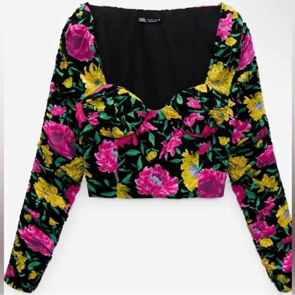 NWT. $50R Zara Off Shoulder Sweetheart Neckline Floral Crop Top Blouse - Picture 6 of 8